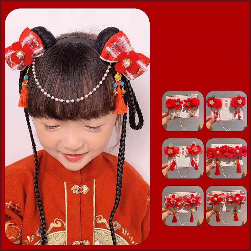 ปีใหม่เด็กกิ๊บดอกไม้เด็กสาวสีแดงโบว์เจ้าหญิงหน้าผากโซ่