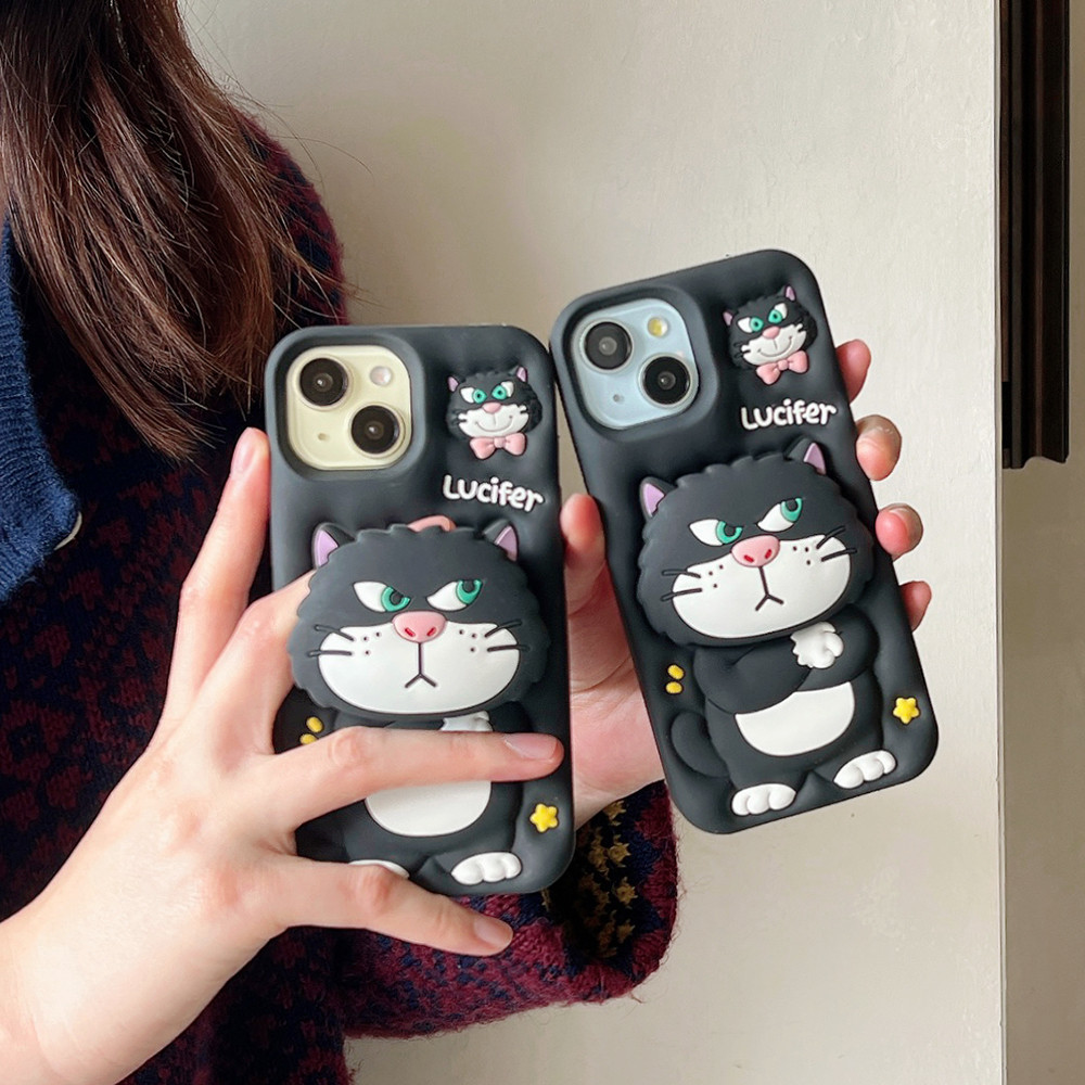 น่ารัก 3D การ์ตูน Lucifer Cat กรณีซิลิโคนนุ่มขาตั้งสําหรับ iPhone 16 15 14 Plus 13 12 Pro Max