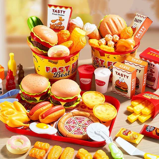 ของเล่นทําอาหาร ชุดเบอร์เกอร์ พิซซ่า มันฝรั่งทอด ของเล่นจำลอง สามารถเล่นอาหารจําลองได้หลากหลาย