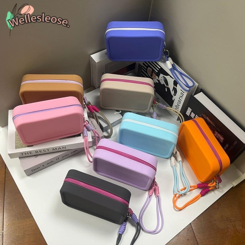 Welle Square Wallet, Silicone Zipper Coin Purse, With Wrist Strap Solid Color Cosmetic Bag Small Item
