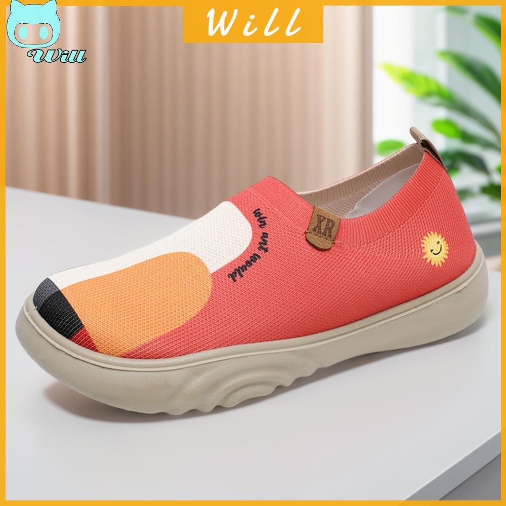 ผู้หญิงทาสีรองเท้าไม่มีส้นรอบนิ้วเท้าดอกไม้ศิลปะรองเท้าผ้าใบป้องกันการลื่นสําหรับการเดินทางกลางแจ้ง
