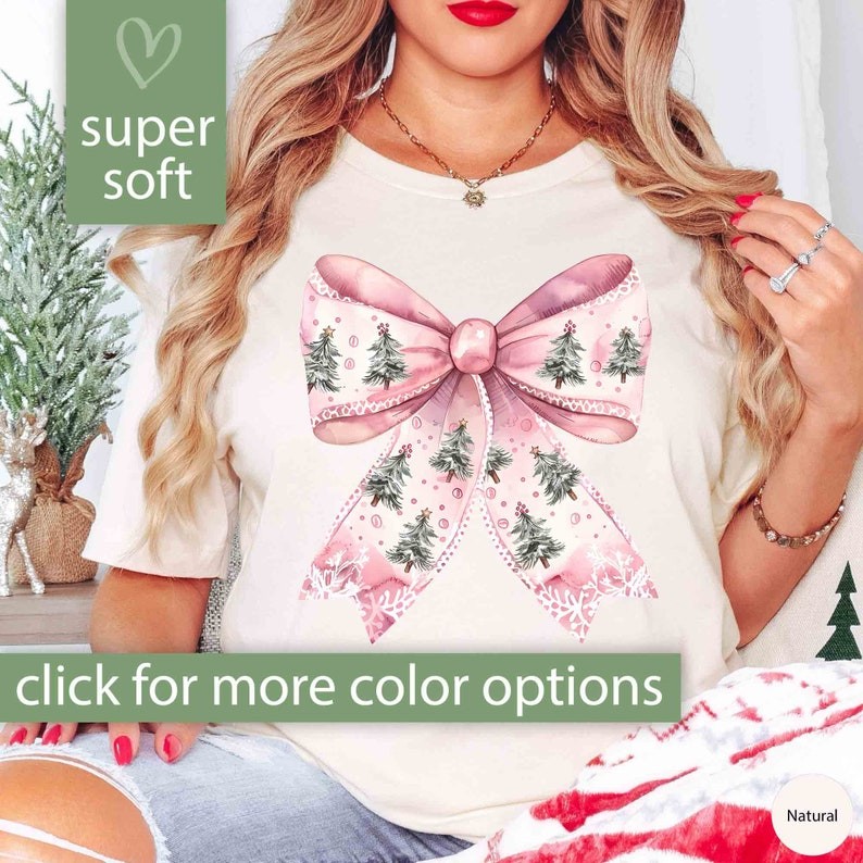 Christmas Bow Shirt Girly Christmas Gift for Women, Pink Coquette Bow Xmas Tree Tshirt Gift for Her,