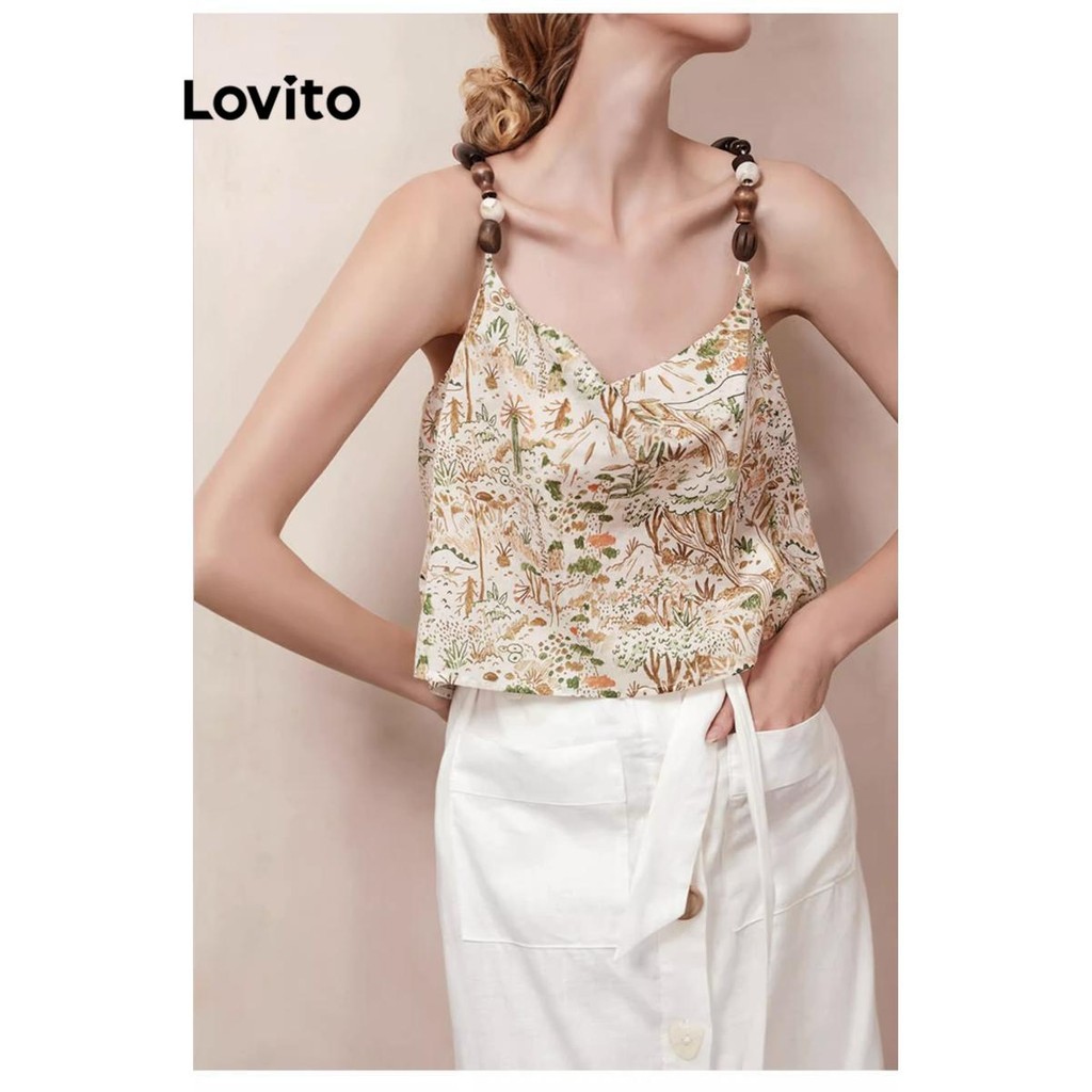 Lovito เสื้อแขนกุดผู้หญิง ลายดอกไม้ แต่งลูกปัด สไตล์ลำลอง LNA69057
