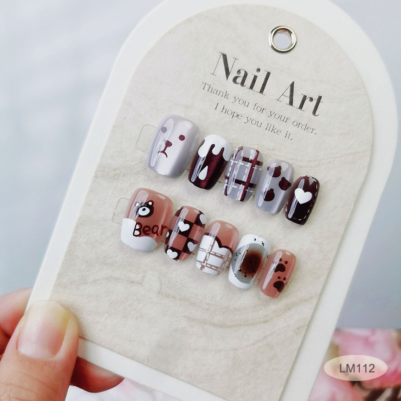 10ชิ้นแมวตาที่ทําด้วยมือกดบนเล็บเงาเล็บปลอมที่มีวุ้นสติกเกอร์ อืม112