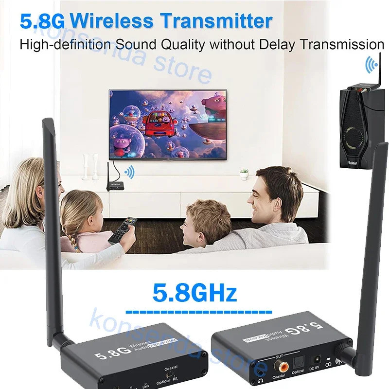 ตัวรับสัญญาณเสียงไร้สาย 5.8GHz ไร้สาย Coaxial Optical 3.5 มม. Audio Extender 50M สําหรับลําโพงทีวีเครื่องขยายเสียง Soundbar