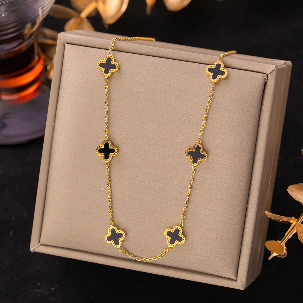 Ht High-End Feel Double-Sided Six Four-Leaf Clover สร้อยคอเหล็กไทเทเนียมผู้หญิงชุบ 18K Gold สแตนเลส Cla