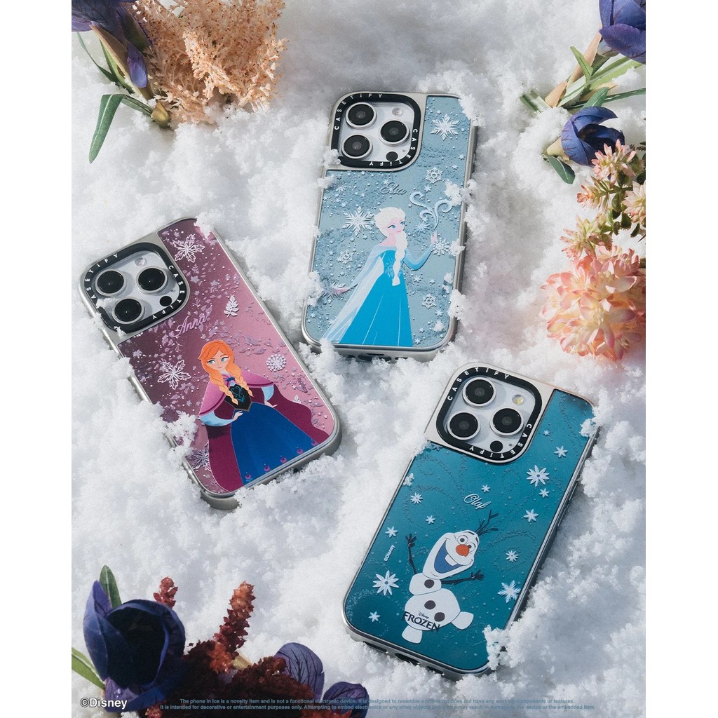 Casetify X Frozen Olaf & Annas Snow Flurry & Elsas Snow Flurry Case แม่เหล็กดูด Silver IPhone Case IPhone 16 15 14 13 12 Pro Max Plus Hard Back Case Cover แกะสลักโลโก้