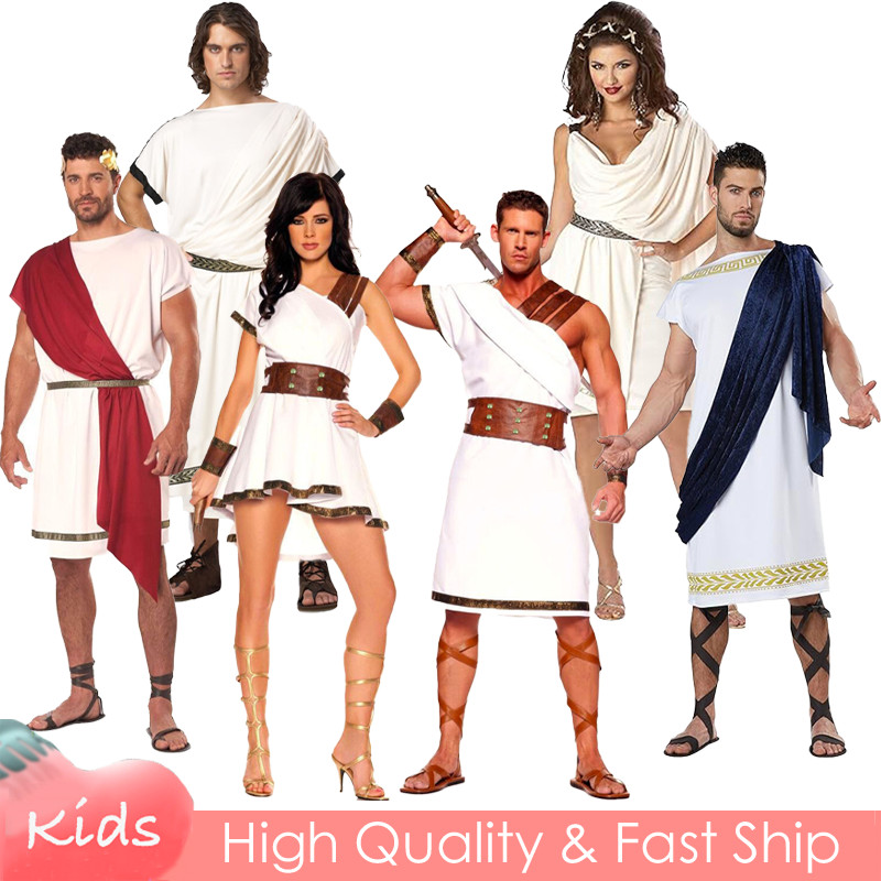โบราณเทพธิดากรีกโรมัน ก นักสู้ คอสเพลย์เครื่องแต่งกายสําหรับผู้หญิงผู้ชายเซ็กซี่สีขาวชุดเคปชุดฮาโลวีนพรรคชุดชุด