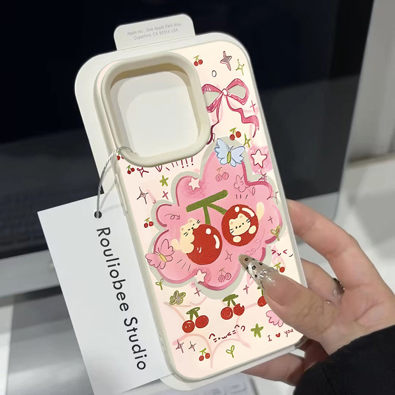 เคสโทรศัพท์มือถือแบบนิ่ม เครื่องหนัง กันกระแทก สําหรับ เคสไอโฟน iPhone 16 15 14 13 12 11 Pro Maxกรอบสีชมพูคิตตี้เชอร์รี่