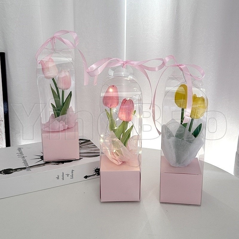 กล่องของขวัญดอกไม้วันวาเลนไทน์ ที่ใส่มือเดี่ยว ช่อกุหลาบ ถุงของขวัญสีชมพู บรรจุภัณฑ์โปร่งใส พีวีซี กล่องห่อดอกไม้ ทําเอง - รูปที่ 5