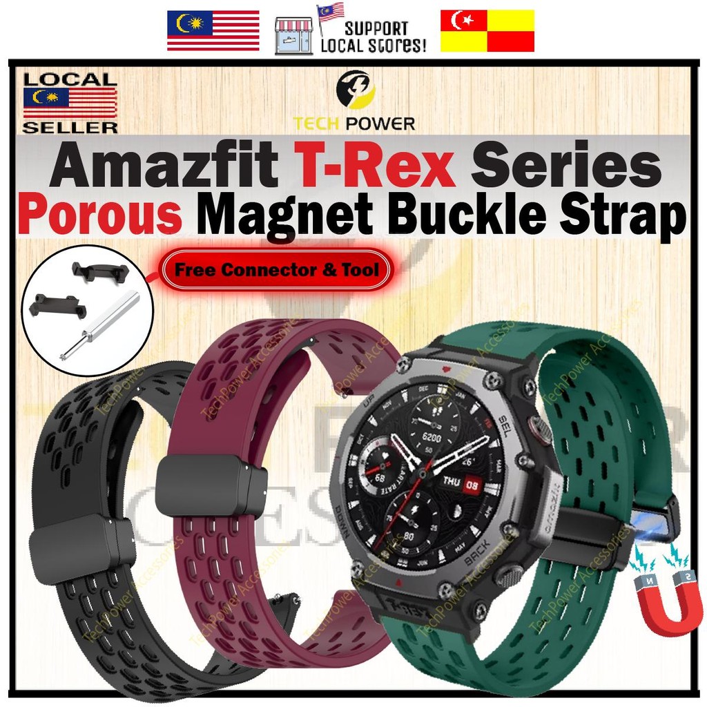 Amazfit T-Rex 3 / Amazfit T-Rex 2 สายแม่เหล็กหัวเข็มขัดซิลิโคนมีรูพรุนสาย 22 มม.,Tali Jam Amazfit T-