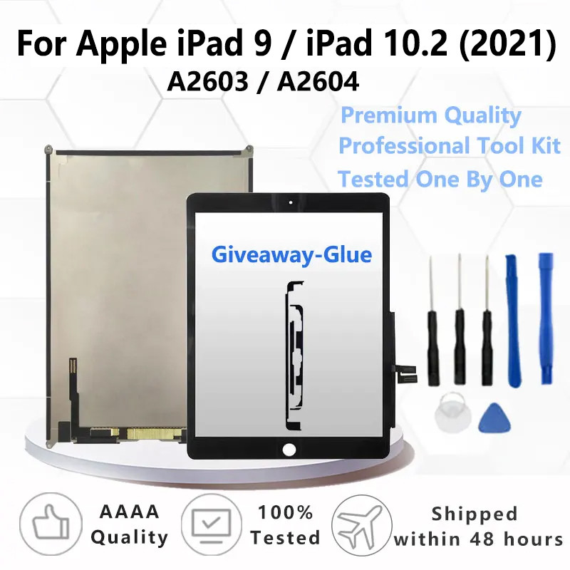 10.2 "สําหรับ Apple iPad 9 / iPad 10.2 (2021) หน้าจอสัมผัสแผงกระจก Digitizer และจอแสดงผล LCD A2603 / A2604 หน้าจอแท็บเล็ต