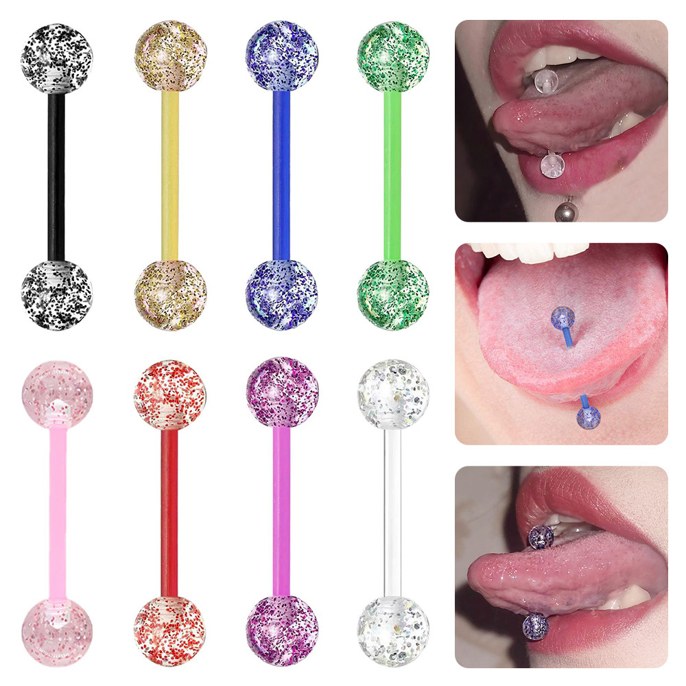 14G ยืดหยุ่น Barbell แหวนลิ้นอะคริลิค Stright Rod ลิ้นเจาะ Sequins Body เจาะเครื่องประดับ