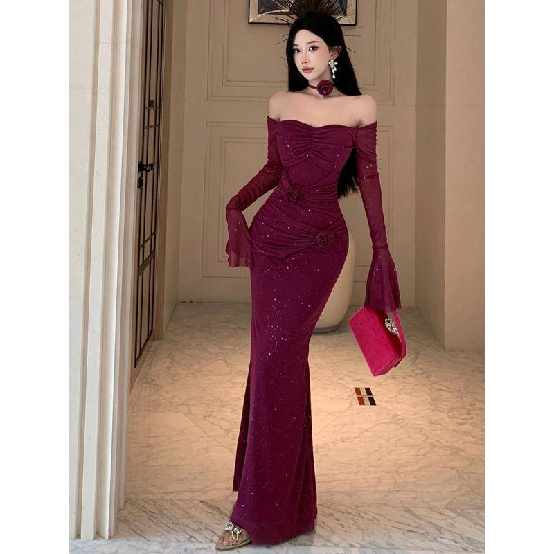 Xyzkuli ภาษาฝรั่งเศสคําเซ็กซี่สไตล์คนดัง Fine กระพริบ Flared Sleeve Dress ดอกไม้ออกแบบเอวสูง Slimmer ดูชุด Fishtail ชุดเดรสยาว