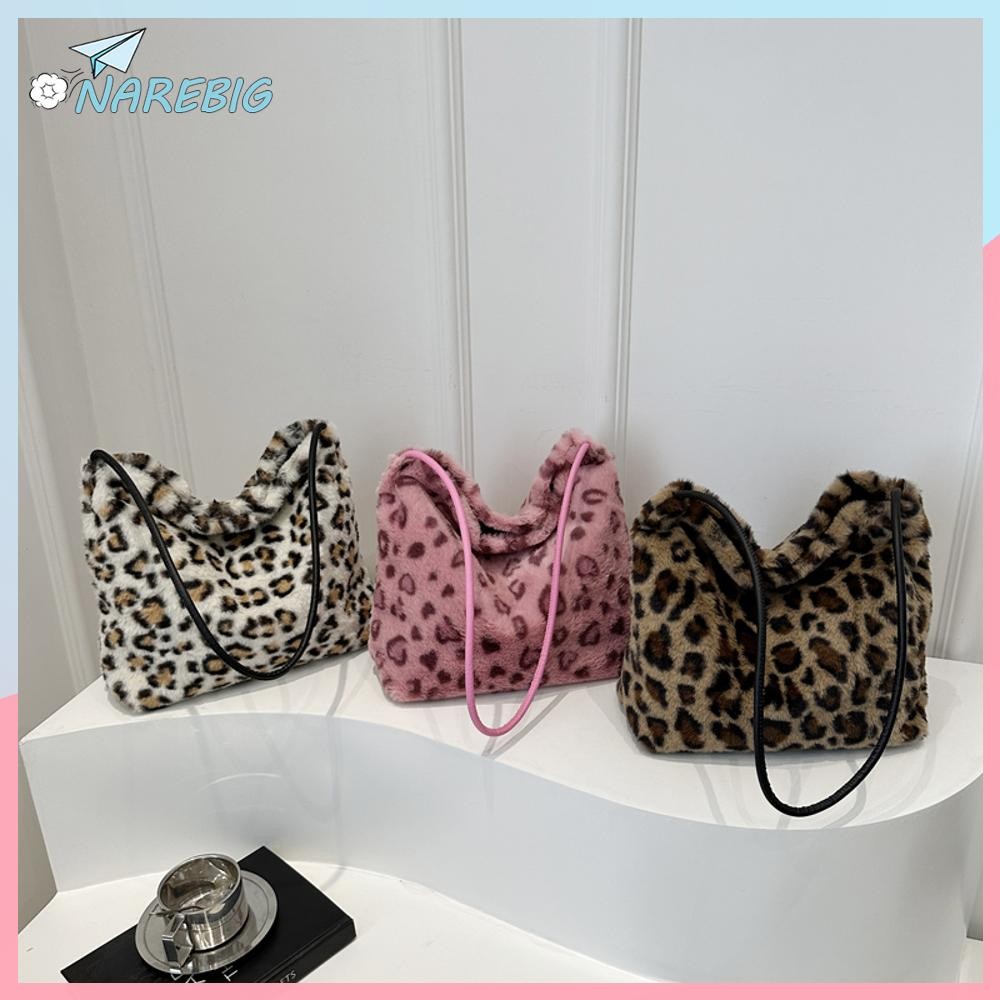 ( Narebig ) ผู้หญิง Plush Underarm Bag เสือดาวพิมพ์ Tote Bag Fluffy Furry อินเทรนด์กระเป๋าคลัทช์ทํางานกระเป๋าเดินทางช้อปปิ้ง