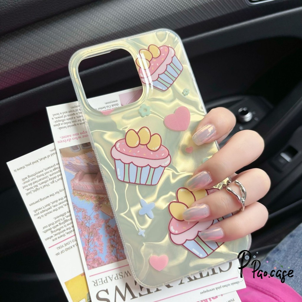 เค้กการ์ตูนน่ารักเข้ากันได้เคสไอโฟน 11 16 13 15 12 14 Pro Max 7 16 8 15 Plus X XS XR Max SE 2022 สีชมพูรักหัวใจเงาลูกฟูก