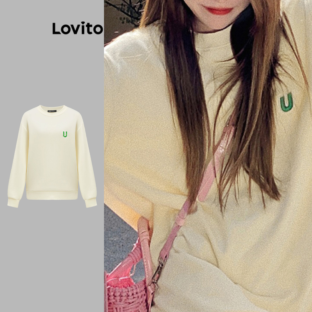 Lovito เสื้อสเวตเตอร์ลายเรียบๆ ลำลองสำหรับผู้หญิง L110AD643