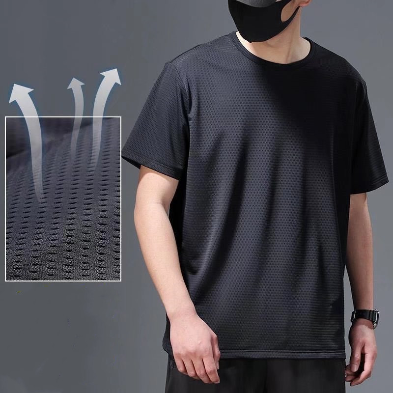 SUIKONE ซุยโคเนะ เสื้อยืดแขนสั้นผ้าไหมน้ําแข็งสีทึบสไตล์อเมริกันฤดูร้อนตาข่ายกีฬาแห้งเร็วเสื้อยืดบาง