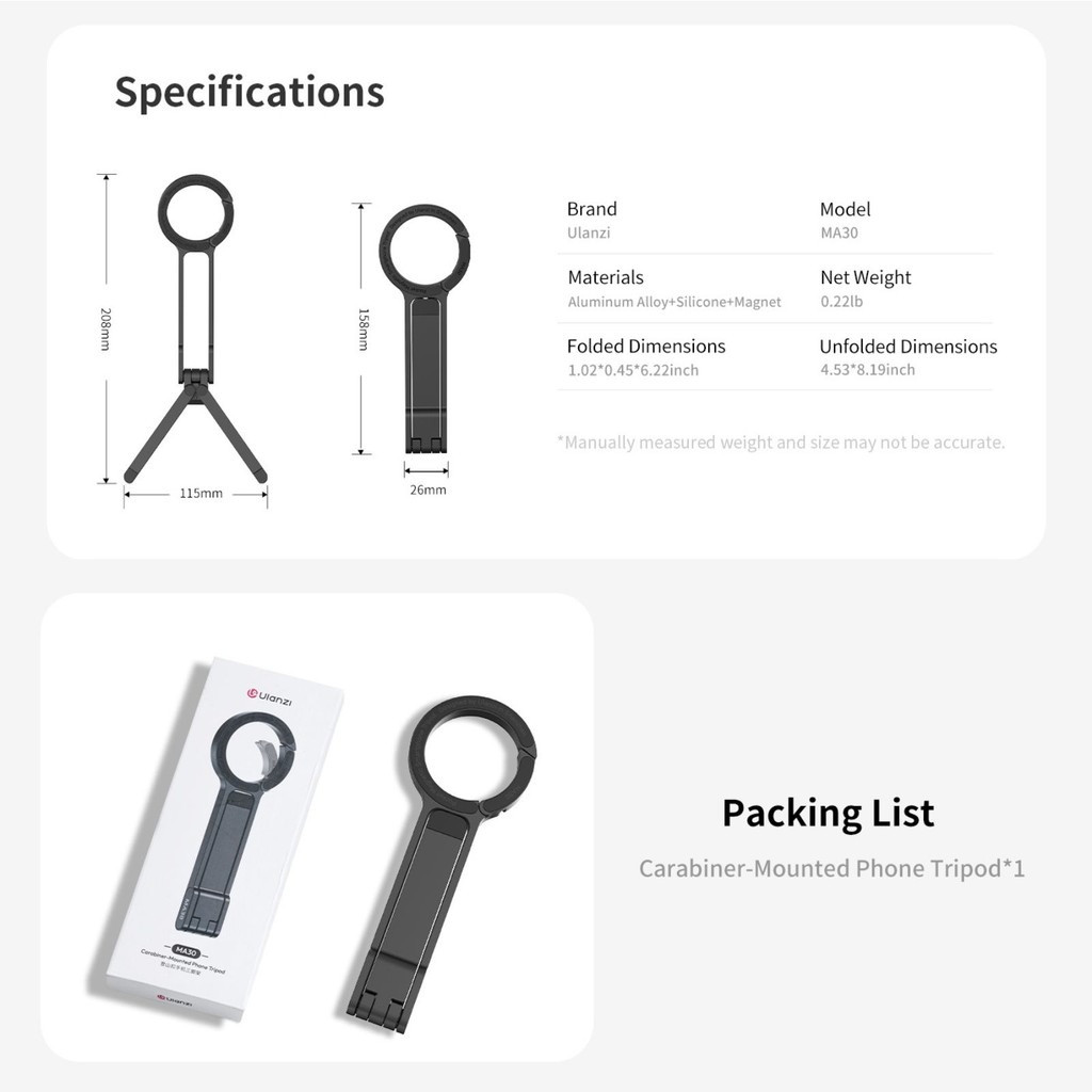 Ulanzi MA30 Carabiner-Mounted Phone Tripod ขาตั้งแม่เหล็ก MagS*fe ติดมือถือ ห้อยกระเป๋า หูเข็มขัด