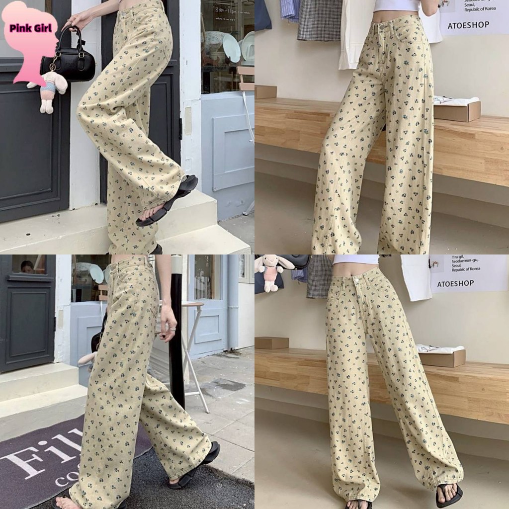 💋Pink girl💋​พร้อมส่ง กางเกงขายาว สีกากี เอวสูง ลายดอกไม้ ทรงพอดี"NZ1872