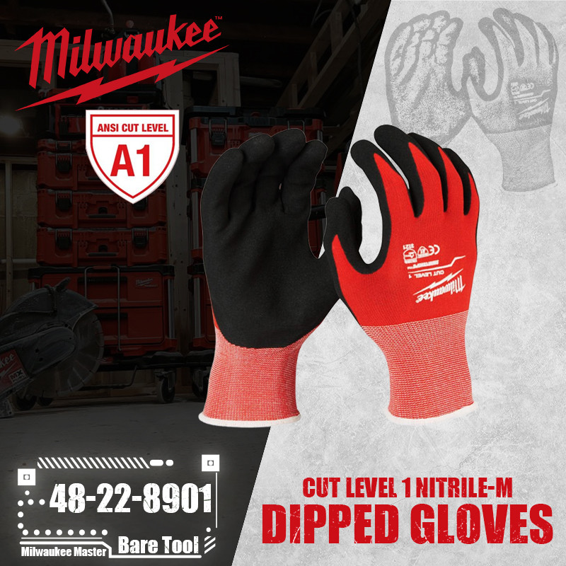 Milwaukee 48-22-8901/48-22-8902/48-22-8903 Cut Level 1 Nitrile Dipped Gloves Power Tool Accessories