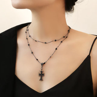 COD🔥 สร้อยคอไม้กางเขน เพชรสีดำสองชั้น สร้อยแฟชั่น โชคเกอร์-Necklaces