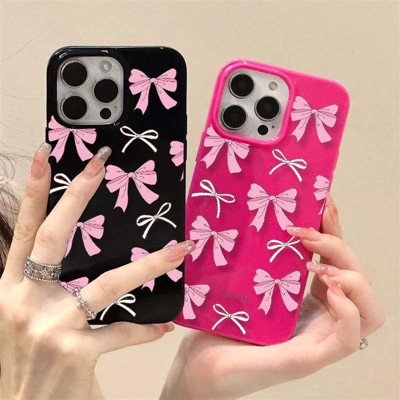 สำหรับ iPhone 17 16 15 14 13 12 Pro Max 11 เคส ไอโฟน สีดำมันTPUซอฟท์เคส กันกระแทกกล้องป้องกัน โบว์ดอกไม้ เข้ากันได้กับ