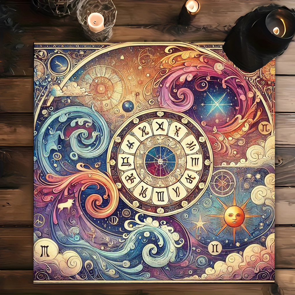 ผ้าแท่นบูชาไพ่ทาโรต์โหราศาสตร์สีสันสดใส: การเดินทางลึกลับผ่านดวงดาว - รูปที่ 2