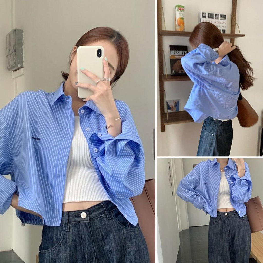 Cuites💜เสื้อเชิ้ตแขนยาวทรงครอป  ลายทาง เสื้อแฟชั่นผู้หญิง สีสวย น่ารักสดใส แฟชั่นเกาหลี  คอวี กระดุม