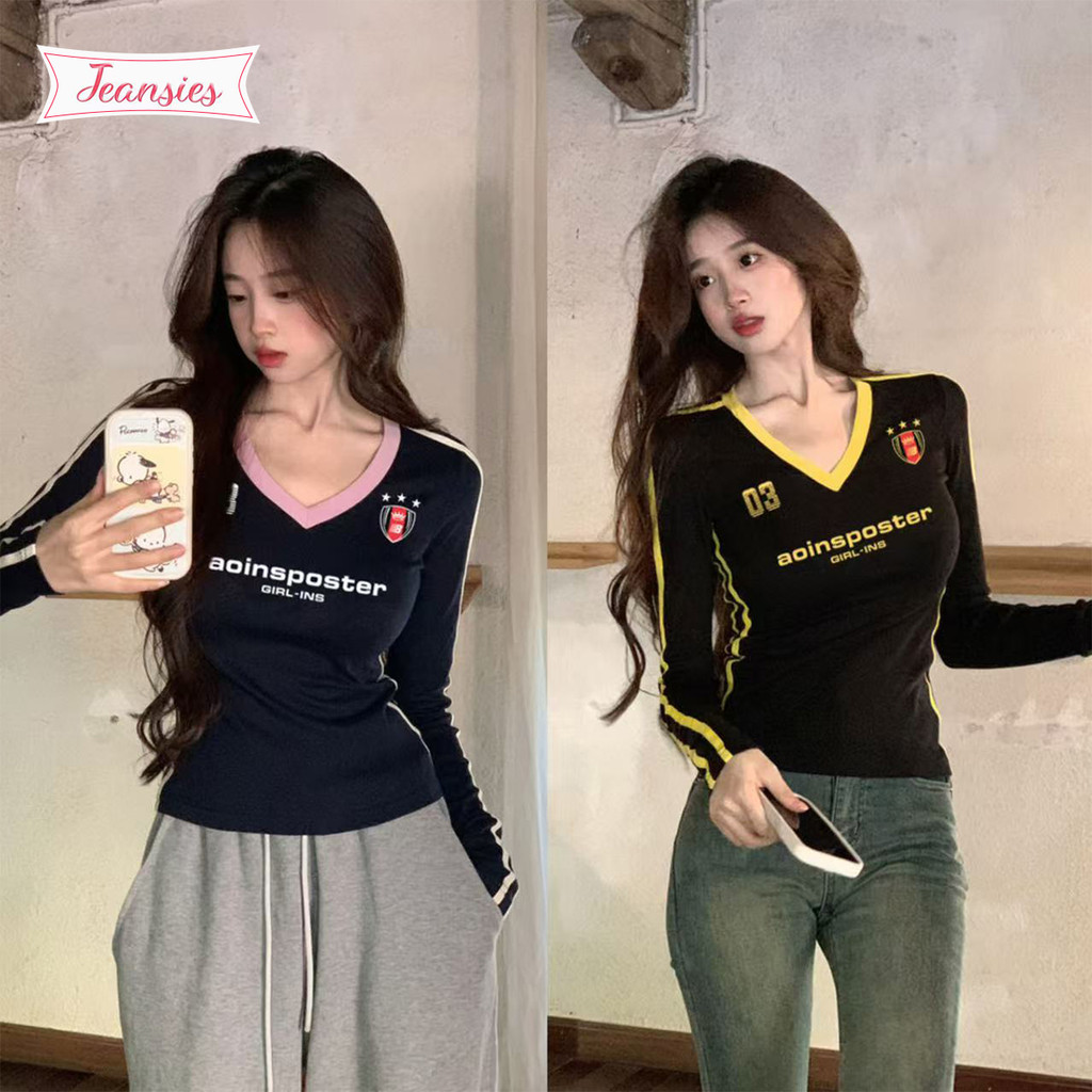 เสื้อยืดแขนยาวคอวี สไตล์วินเทจ ลายพิมพ์สวยๆ สำหรับสาวๆ
