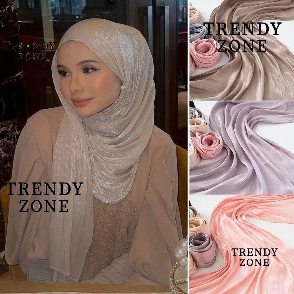TRENDYZONE ผ้าพันคอไหมชิมเมอร์สดใส, ฮิญาบชีฟอง 66*180 ซม., ผ้าคลุมศีรษะระบายอากาศ