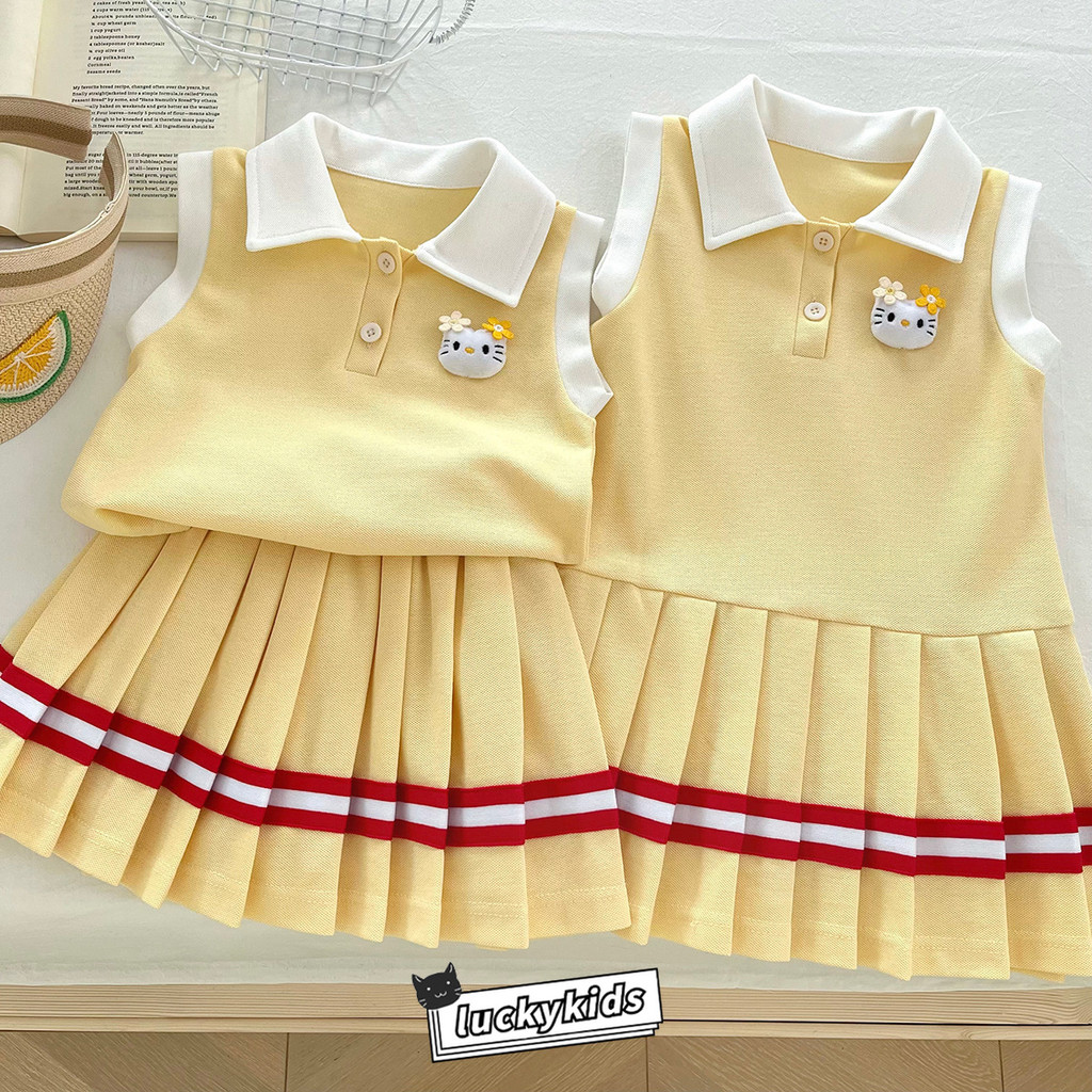 [แถมกระเป๋า]เด็กทารกฤดูร้อน สไตล์วิทยาลัย โปโล คอปก เสื้อแขนกุด+กระโปรงพลีท/เดรสกันแดด