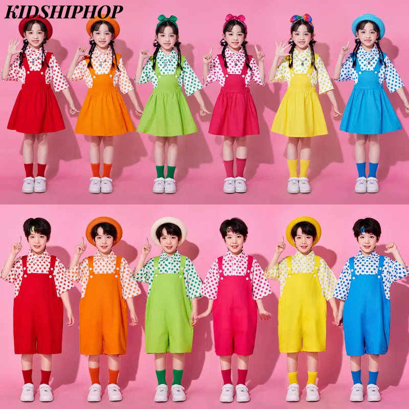 ชุดหลวมสีเด็ก เด็กชาย ลูกอม สี โดปามีนลายจุดเสื้อสาวสายคล้องไหล่ชุดกระโปรงเด็กเต้นรําเครื่องแต่งกายประสิทธิภาพเสื้อผ้าเด็กถ่ายภาพ