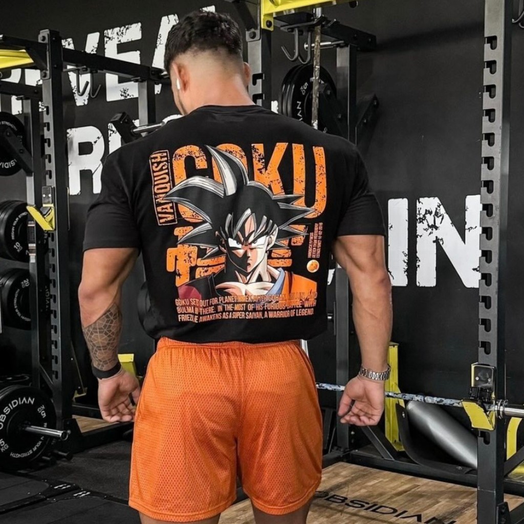 VANQUISH DBZ Co-Branded Goku Series ผู้ชายผู้หญิงสไตล์เดียวกันกีฬาฟิตเนสสบายๆหลวมรอบคอแขนสั้นเสื้อยื