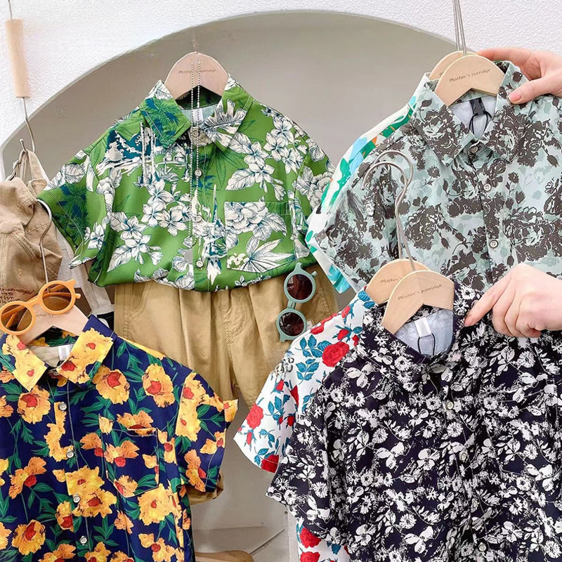 ฤดูร้อน เสื้อแขนสั้นเด็กใหม่ เสื้อเชิ้ตลายดอกไม้สำหรับเด็กชายและเด็กหญิง เสื้อยืดลายการ์ตูนสำหรับโต