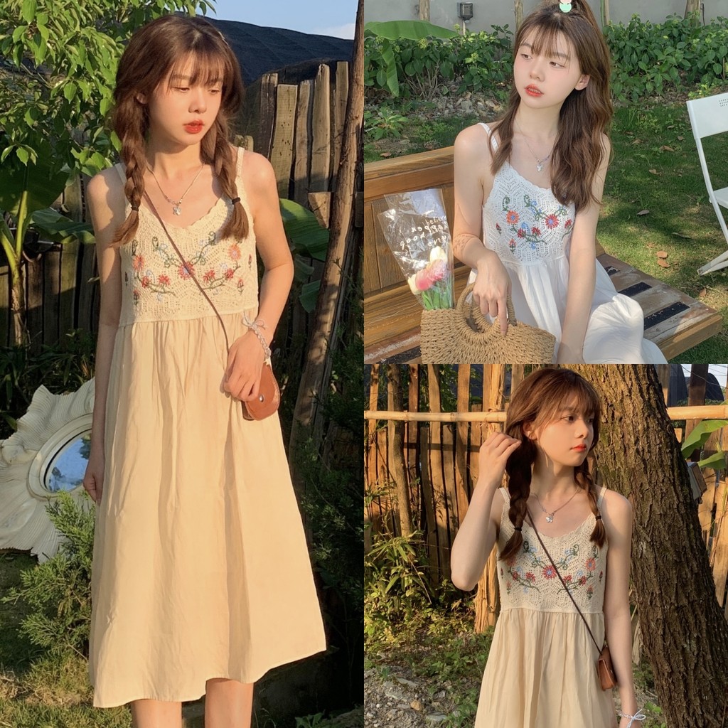 ✨Mary✨ชุดเดรส ผ้าถัก ลายดอกไม้ หลวม แขนกุด เดรสยาว ใส่สบาย สไตล์ลำลอง น่ารัก 🌠#CX00767