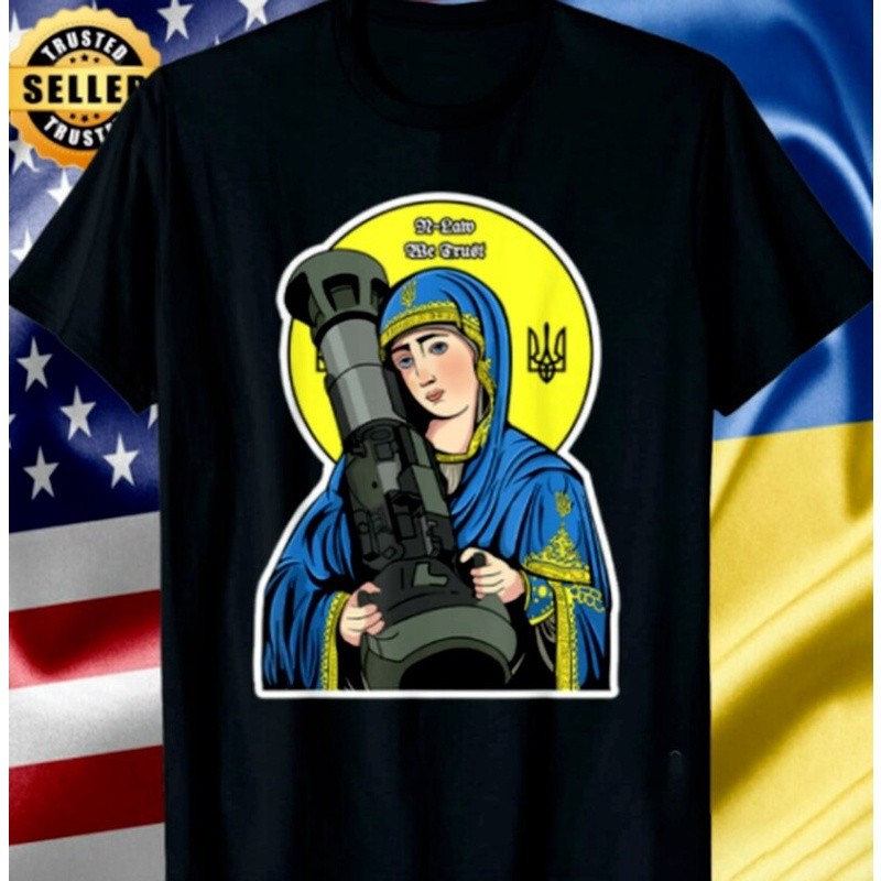 Saint Javelin Blessed Virgin Mary Ukraine Flag T Shirt Short Sleeve Cal Cotton O Neck Shirts Size S 