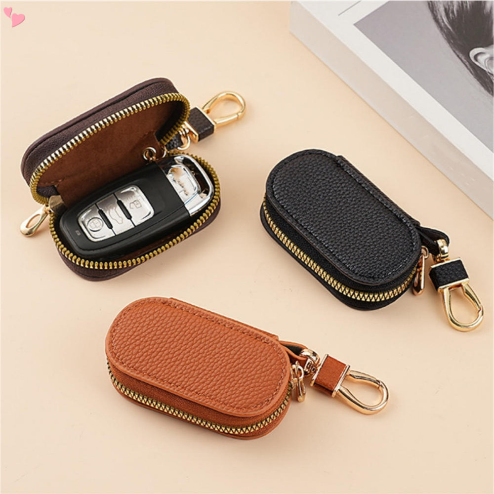 ฝาครอบกุญแจรถ,หนัง PU ลิ้นจี่พิมพ์รถสมาร์ท Key Chain ผู้ถือเหรียญตะขอโลหะและพวงกุญแจกระเป๋าสตางค์ซิปกระเป๋าสําหรับ Auto Remote Key Fob