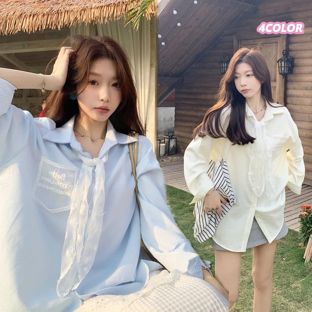 🌵Grace_chili🌵 เสื้อเชิ้ตลูกไม้แขนยาว เน็คไทลูกไม้ เสื้อลูกไม้ Oversized เสื้อแฟชั่น สวมใส่สบาย W591