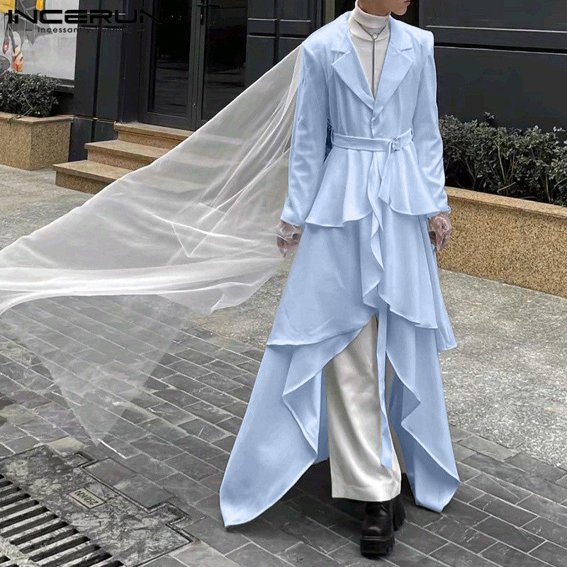Incerun เสื้อเบลเซอร์ลําลองผู้ชายแฟชั่นเกาหลี Ruffles Hem แขนยาว A-Line
