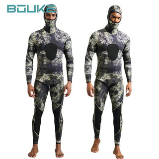 3Mm Kamuflase Wetsuit Lengan Panjang Fisi Berkerudung 2 Buah Neoprene Kapal Selam untuk Pria Tetap Hangat Pakaian Selam Scuba Pakaian Renang
