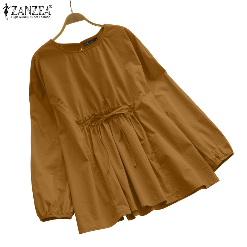 Zanzea เสื้อเบลาส์ผูกเชือกแขนยาวคอกลมสําหรับผู้หญิงเกาหลี