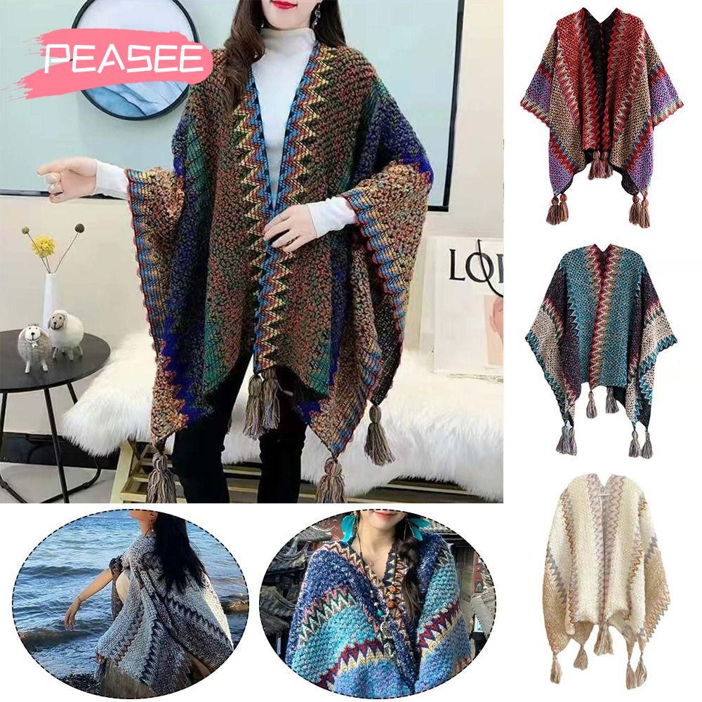 [เพย์ซี] คาร์ดิแกนพู่ผ้าคลุมไหล่,ฤดูหนาวที่อบอุ่นสไตล์ชาติพันธุ์เสื้อปอนโชมองโกเลีย, เสื้อโค้ททับโพลีเอสเตอร์ลายถักห่อผู้หญิงแฟชั่น
