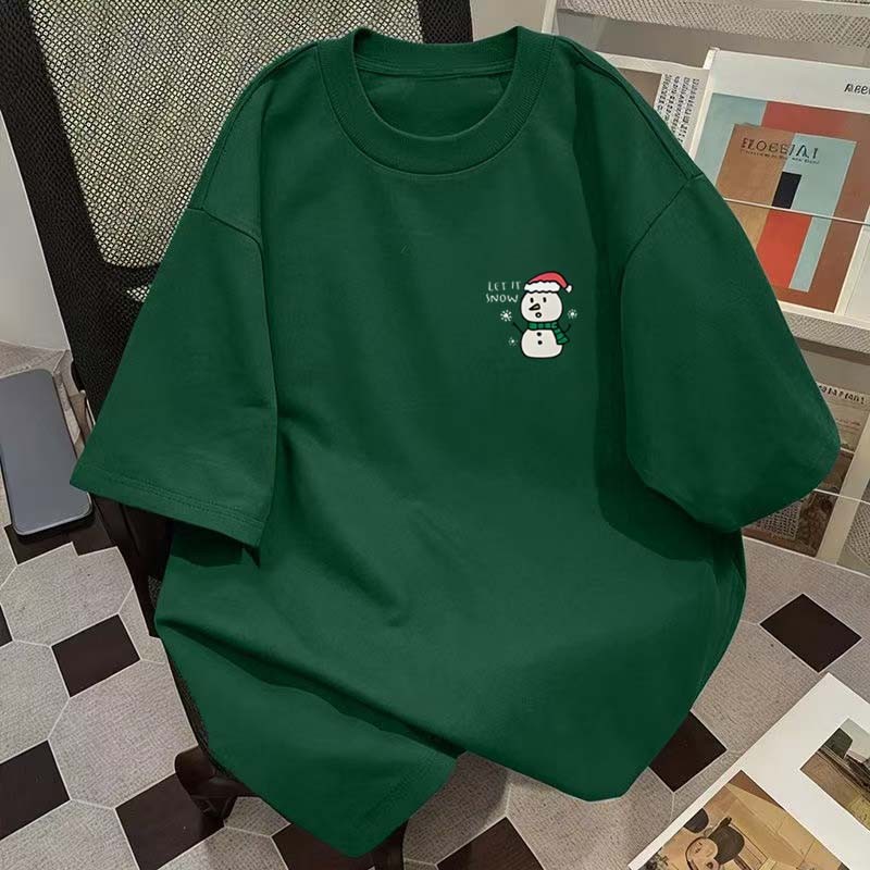 (จัดส่งตลอด 24 ชั่วโมง)Woo Right เสื้อยืดร้อยคู่ที่เรียบง่ายคริสมาสต์ตัวละครมนุษย์หิมะน้อยรอบคอแขนสั้นแนวโน้มขนาดใหญ่