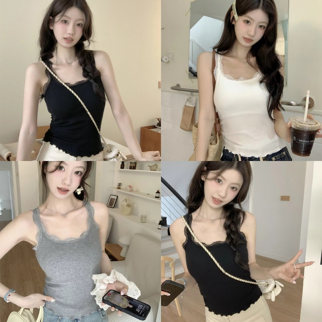 Bonnie ​เสื้อสายเดี่ยว มีฟองน้ำ แขนกุด เซ็กซี่ ลูกไม้ เสื้อกล้ามผู้หญิง ผู้หญิง สไตล์เกาหลี พร้อมส่ง#FY1070