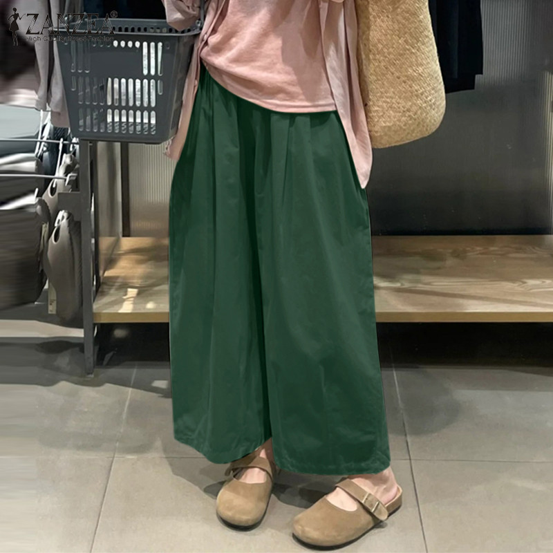 ZANZEA ใส่ ซานเซีย ผู้หญิงเกาหลีสบายๆเอวยางยืดกระเป๋าสีธรรมดากางเกงขากว้าง — صورة 4