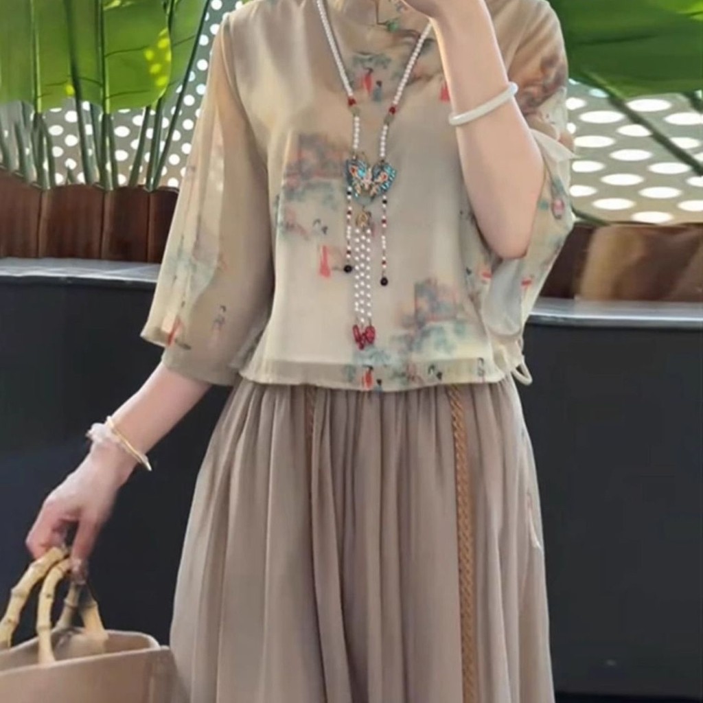 ชุดฮันฟูวินเทจ ลูกไม้แขนระฆัง คอวี 3/4 สำหรับผู้หญิง