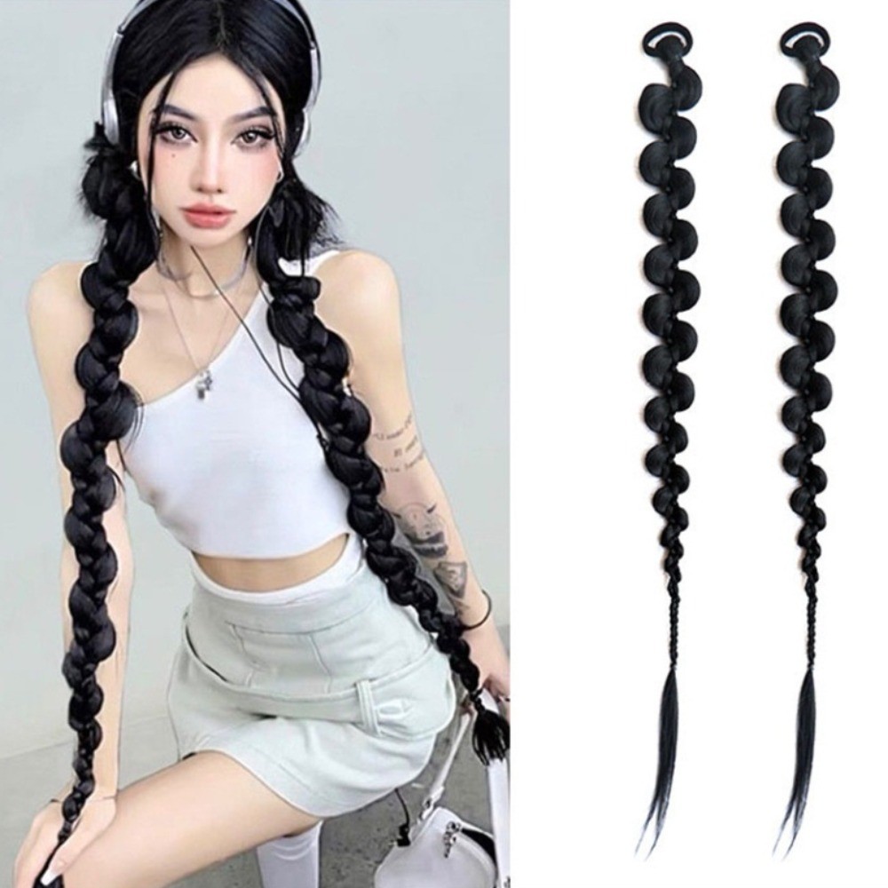 สาวฮิปฮอปยาวสีดําสีขาวถักผมหางม้าบิดวิกผมสําหรับผู้หญิงคู่ผมหางม้าส่วนขยาย