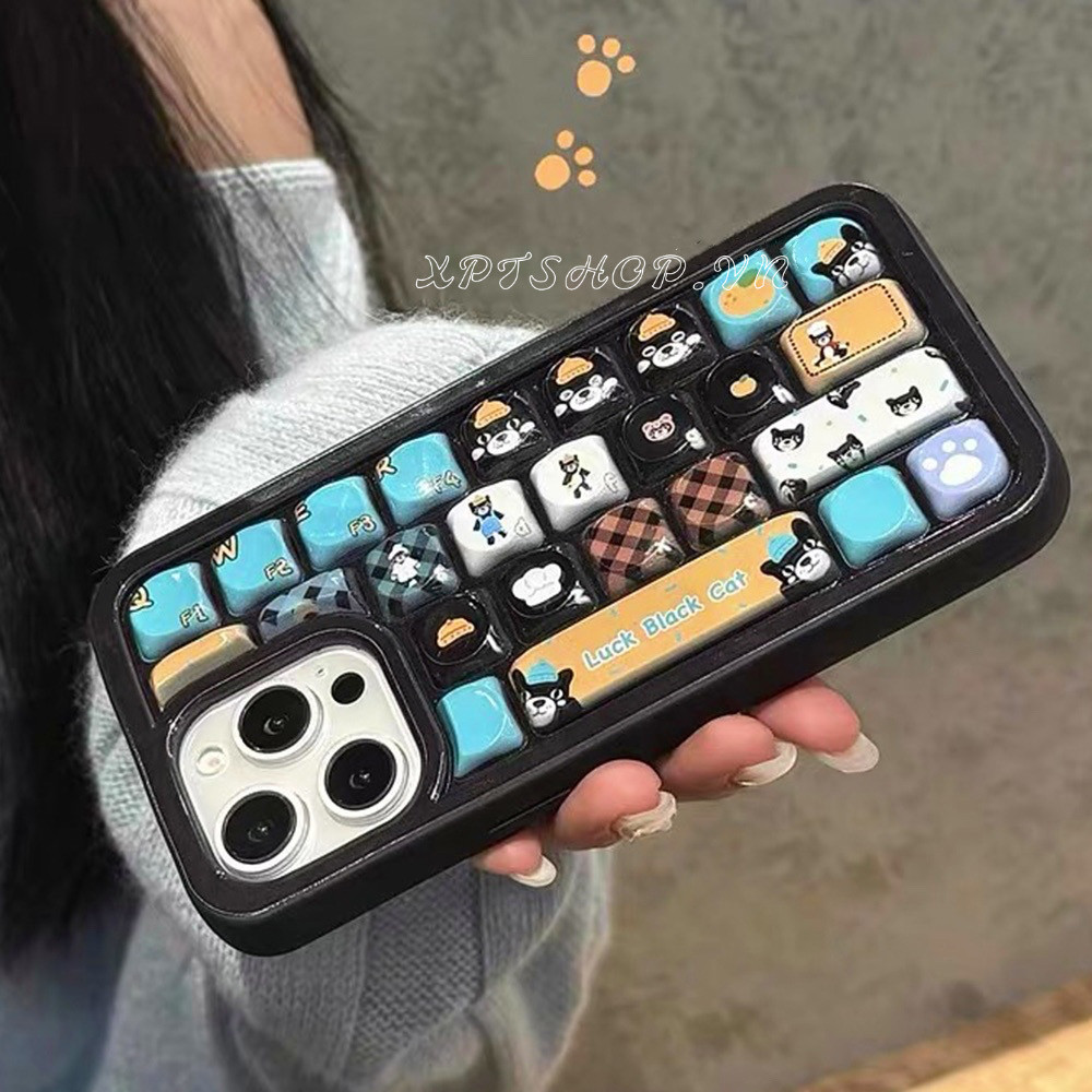 Lucky Cat นึ่งขนมปังคีย์บอร์ดเคสโทรศัพท์สําหรับ iPhone 16 Pro Max 15 Pro Max 14 13 12 Pro Max กันกระแทกป้องกันปลอก