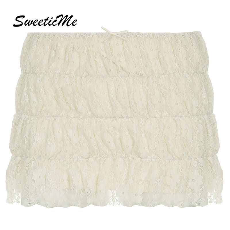 SweeticMe ผู้หญิง 2025 ใหม่แฟชั่นหวาน Slim Fit ลูกไม้ต่ําเอว Causal กระโปรงมินิ